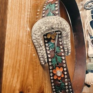 Hand Tooled Floral Western Rhinestone Belt